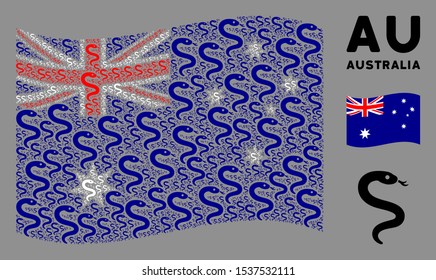 Waving Australia state flag. Vector snake design elements are grouped into mosaic Australia flag collage. Patriotic collage combined of flat snake design elements.