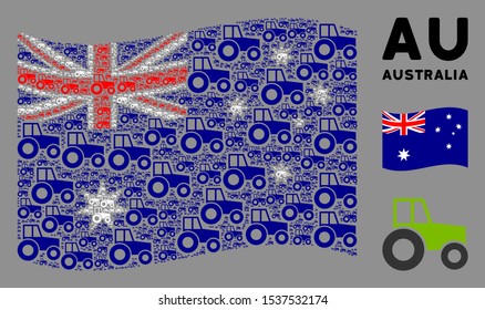 Waving Australia state flag. Vector wheeled tractor pictograms are formed into mosaic Australia flag collage. Patriotic composition designed of flat wheeled tractor pictograms.