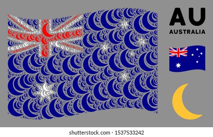 Waving Australia state flag. Vector moon elements are organized into geometric Australia flag collage. Patriotic collage designed of flat moon elements.