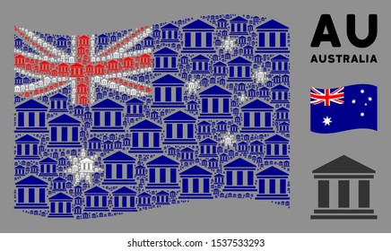 Waving Australia state flag. Vector library building pictograms are organized into mosaic Australia flag illustration. Patriotic composition organized of flat library building pictograms.