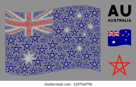 Waving Australia state flag. Vector star pentagram design elements are formed into mosaic Australia flag composition. Patriotic composition created of flat star pentagram elements.