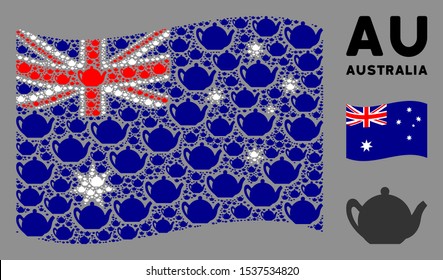 Waving Australia state flag. Vector teapot elements are placed into geometric Australia flag abstraction. Patriotic illustration combined of flat teapot design elements.