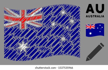 Waving Australia state flag. Vector edit pencil design elements are scattered into mosaic Australia flag collage. Patriotic composition constructed of flat edit pencil design elements.