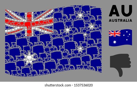 Waving Australia state flag. Vector thumb down design elements are organized into conceptual Australia flag composition. Patriotic illustration composed of flat thumb down design elements.