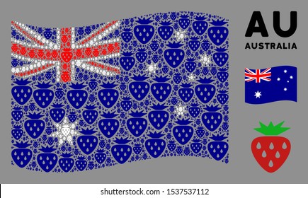 Waving Australia state flag. Vector strawberry elements are formed into geometric Australia flag illustration. Patriotic illustration constructed of flat strawberry elements.