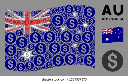 Waving Australia state flag. Vector coin elements are arranged into conceptual Australia flag collage. Patriotic collage done of flat coin elements.