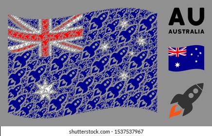 Waving Australia state flag. Vector space rocket launch icons are united into mosaic Australia flag collage. Patriotic collage combined of flat space rocket launch icons.