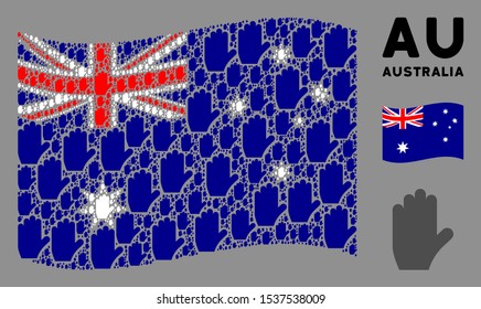 Waving Australia state flag. Vector voting hand elements are combined into geometric Australia flag illustration. Patriotic illustration composed of flat voting hand design elements.