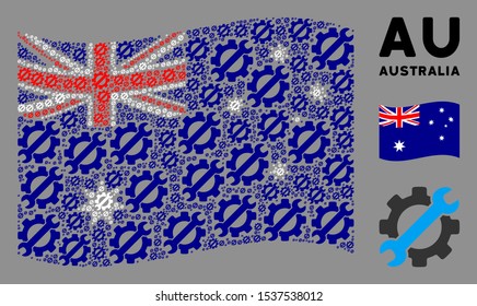 Waving Australia state flag. Vector service tools icons are organized into geometric Australia flag collage. Patriotic collage designed of flat service tools pictograms.