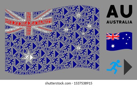 Waving Australia state flag. Vector exit direction elements are united into mosaic Australia flag collage. Patriotic collage organized of flat exit direction elements.