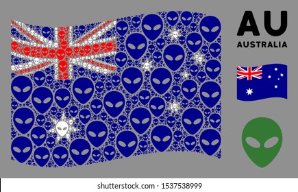 Waving Australia state flag. Vector alien face design elements are grouped into conceptual Australia flag abstraction. Patriotic illustration organized of flat alien face design elements.