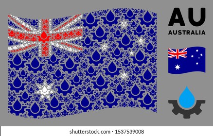 Waving Australia state flag. Vector water drop service cog elements are combined into mosaic Australia flag collage. Patriotic collage combined of flat water drop service cog design elements.