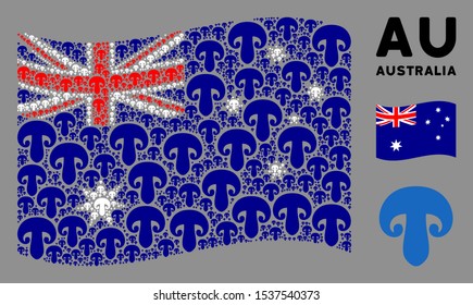 Waving Australia state flag. Vector champignon mushroom design elements are combined into geometric Australia flag composition.