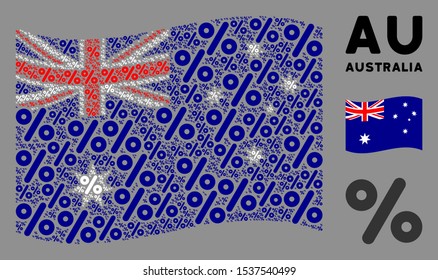 Waving Australia state flag. Vector percent pictograms are scattered into mosaic Australia flag collage. Patriotic composition composed of flat percent pictograms.