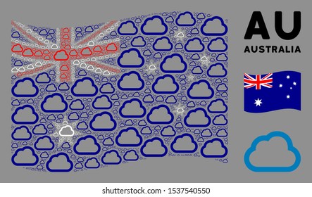 Waving Australia state flag. Vector cloud icons are placed into mosaic Australia flag composition. Patriotic composition constructed of flat cloud icons.
