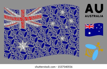 Waving Australia state flag. Vector bee design elements are combined into geometric Australia flag collage. Patriotic collage organized of flat bee elements.