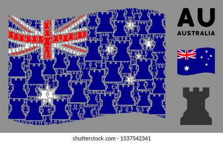 Waving Australia state flag. Vector chess tower elements are combined into conceptual Australia flag illustration. Patriotic illustration organized of flat chess tower design elements.