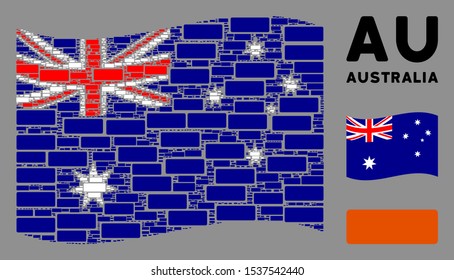 Waving Australia state flag. Vector building brick design elements are arranged into mosaic Australia flag collage. Patriotic collage constructed of flat building brick design elements.