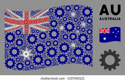 Waving Australia state flag. Vector gear items are combined into geometric Australia flag collage. Patriotic collage constructed of flat gear icons.