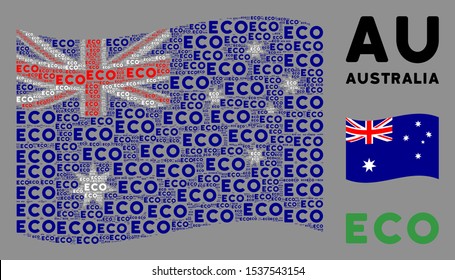Waving Australia state flag. Vector eco texts are organized into mosaic Australia flag illustration. Patriotic composition organized of flat eco texts.