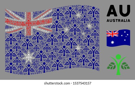 Waving Australia state flag. Vector eco man icons are organized into mosaic Australia flag illustration. Patriotic illustration organized of flat eco man elements.