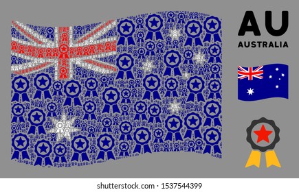 Waving Australia state flag. Vector certificate seal design elements are organized into geometric Australia flag collage. Patriotic collage designed of flat certificate seal design elements.