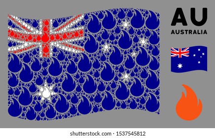 Waving Australia state flag. Vector fire flame items are organized into conceptual Australia flag abstraction. Patriotic illustration organized of flat fire flame elements.