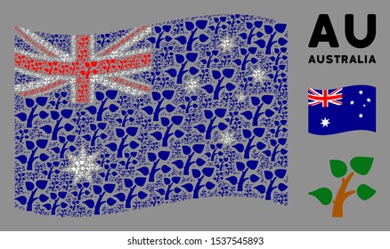 Waving Australia state flag. Vector plant tree icons are formed into geometric Australia flag collage. Patriotic collage constructed of flat plant tree icons.