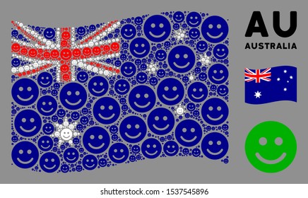 Waving Australia state flag. Vector glad smile elements are placed into conceptual Australia flag abstraction. Patriotic concept designed of flat glad smile elements.