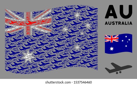 Waving Australia state flag. Vector aiplane design elements are formed into conceptual Australia flag abstraction. Patriotic composition organized of flat aiplane design elements.