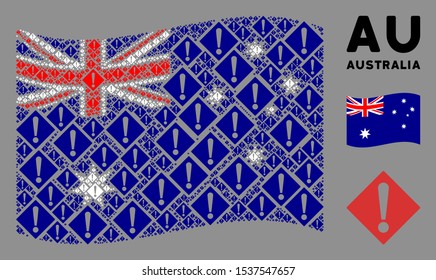 Waving Australia state flag. Vector warning design elements are united into mosaic Australia flag composition. Patriotic composition designed of flat warning design elements.