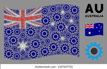 Waving Australia state flag. Vector cogwheel design elements are united into mosaic Australia flag composition. Patriotic composition created of flat cogwheel design elements.