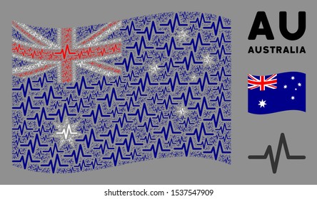 Waving Australia state flag. Vector pulse icons are organized into conceptual Australia flag collage. Patriotic collage composed of flat pulse elements.