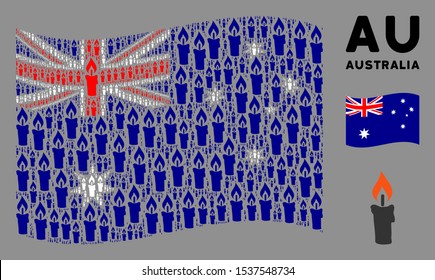 Waving Australia state flag. Vector candle elements are scattered into mosaic Australia flag illustration. Patriotic illustration designed of flat candle elements.