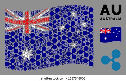 Waving Australia state flag. Vector Ripple currency design elements are placed into conceptual Australia flag abstraction. Patriotic collage combined of flat Ripple currency design elements.