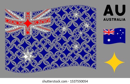 Waving Australia state flag. Vector sparkle star elements are united into conceptual Australia flag collage. Patriotic collage composed of flat sparkle star design elements.