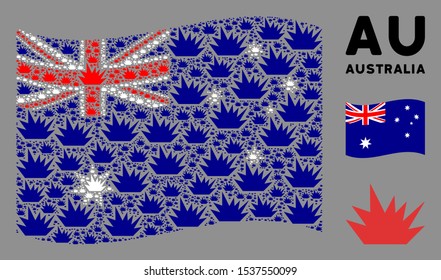 Waving Australia state flag. Vector boom explosion pictograms are organized into mosaic Australia flag collage. Patriotic collage done of flat boom explosion icons.