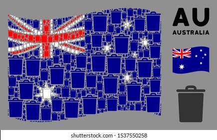Waving Australia state flag. Vector trash bin elements are formed into mosaic Australia flag abstraction. Patriotic collage organized of flat trash bin design elements.