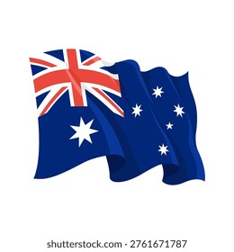 Waving Australian national flag. Vector illustration of the patriotic symbol for travel, tourism, and celebration concepts. Isolated on white background.