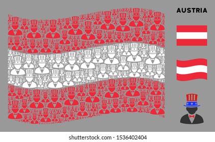 Waving Austria flag. Vector American Uncle Sam icons are combined into geometric Austria flag illustration. Patriotic composition organized of flat American Uncle Sam icons.