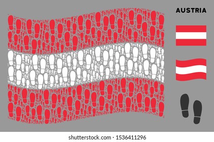 Waving Austria flag. Vector boot footprints icons are combined into conceptual Austria flag abstraction. Patriotic collage combined of flat boot footprints icons.