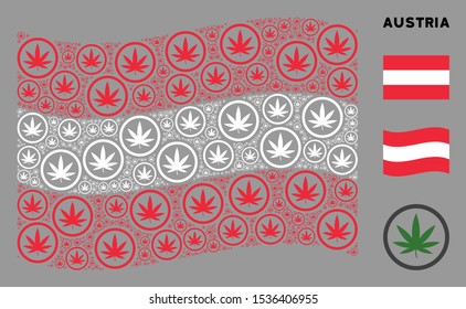 Waving Austria flag. Vector cannabis pictograms are organized into conceptual Austrian flag collage. Patriotic collage organized of flat cannabis design elements.