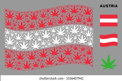 Waving Austria flag. Vector cannabis icons are formed into conceptual Austria flag illustration. Patriotic illustration organized of flat cannabis icons.