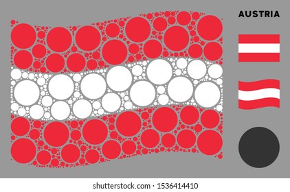 Waving Austria flag. Vector circle design elements are united into conceptual Austria flag composition. Patriotic illustration constructed of flat circle design elements.