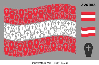 Waving Austria flag. Vector coffin elements are grouped into mosaic Austria flag collage. Patriotic concept combined of flat coffin elements.