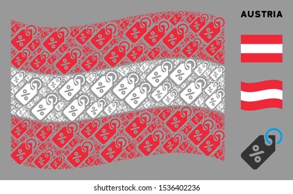Waving Austria flag. Vector discount tag items are placed into mosaic Austria flag composition. Patriotic composition constructed of flat discount tag pictograms.