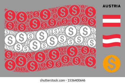 Waving Austria flag. Vector dollar coin icons are organized into geometric Austria flag collage. Patriotic composition designed of flat dollar coin icons.