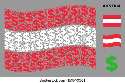 Waving Austria flag. Vector dollar icons are united into mosaic Austria flag collage. Patriotic collage created of flat dollar elements.