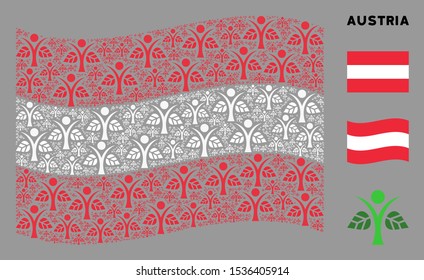 Waving Austria flag. Vector eco man pictograms are united into mosaic Austria flag composition. Patriotic composition constructed of flat eco man icons.