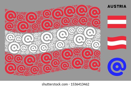 Waving Austria flag. Vector email symbol items are organized into geometric Austrian flag composition. Patriotic composition organized of flat email symbol elements.